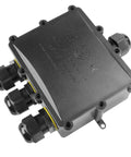 IP68 Waterproof 4 Way Junction Box Built Tough For Outdoor Use With 4 Channel Cable Connector And Lighting Connector External Coupler Cable Gland For 4-14mm Heavy Duty ABS PVC 1 Input And 3 Output Screw Terminal Easy Install shown from top angle