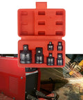 Six Piece Impact Socket Adapter Kit With Case For Size Conversion And Socket Reducer Tool For Impact Drivers displayed next to welding scene in open red case.