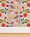 Wildflowers Floral Wallpaper Featuring Hella Smooth Matte Linen Texture And Truly PVC Free Composition Professional Grade Type II Paste Ready Wallcovering Super Durable Accent Decor For Modern Homes with colorful floral pattern close-up.