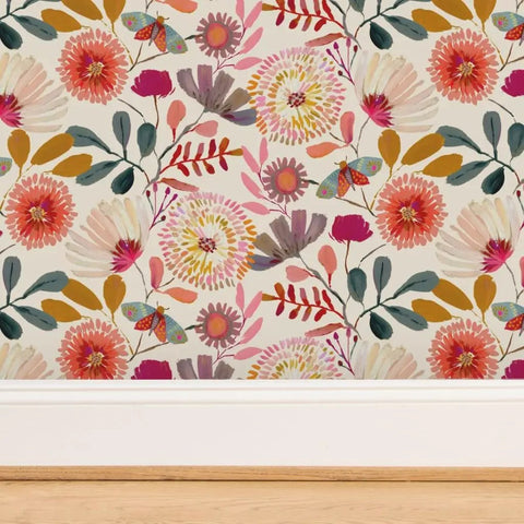 Wildflowers Floral Wallpaper Featuring Hella Smooth Matte Linen Texture And Truly PVC Free Composition Professional Grade Type II Paste Ready Wallcovering Super Durable Accent Decor For Modern Homes with colorful floral pattern close-up.