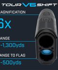 Slope Adjusted Golf Laser Rangefinder Dead Nuts Accurate With Visual Jolt Target Lock Built Like A Tank Tournament Legal Toggle Switch Sleek Black Finish showing 6x magnification and range details.