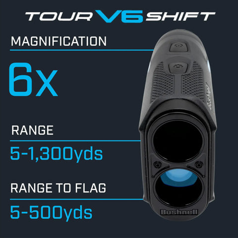 Slope Adjusted Golf Laser Rangefinder Dead Nuts Accurate With Visual Jolt Target Lock Built Like A Tank Tournament Legal Toggle Switch Sleek Black Finish showing 6x magnification and range details.
