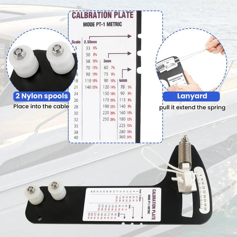 Hands Free Sailboat Rigging Tension Gauge For Standing Rigging And Forestays Reads 2000 Lbs While You Pull Works With Three Sixteenths Seven Thirty Seconds And One Quarter Inch Cable Diameters Portable Force Gauge For Solo Tuning with calibration plate and nylon spools
