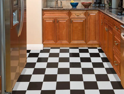 Self Adhesive Vinyl Floor Tiles 12x12 Inch Black And White Peel And Stick DIY Flooring in a kitchen setting