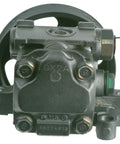 Heavy Duty Remanufactured Power Steering Pump With Triple Tested Valves For Dead On Factory Fit And Straight Up Smooth Steering On Domestic And Import Rides, showing front view with pulleys.