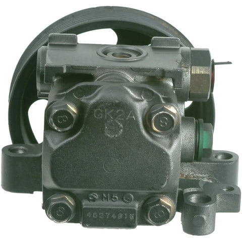 Heavy Duty Remanufactured Power Steering Pump With Triple Tested Valves For Dead On Factory Fit And Straight Up Smooth Steering On Domestic And Import Rides, showing front view with pulleys.