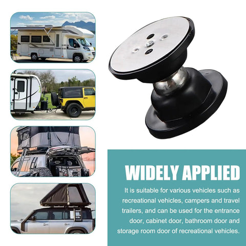 RV Magnetic Door Catch, 2.09 Inch Round Self Adhesive Door Holder in black, shown with various vehicles and usage applications.