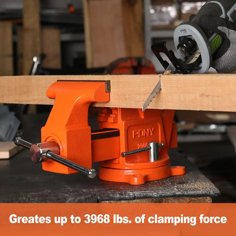 Heavy Duty 5 Inch Bench Vise With Swivel Base And Anvil, Multi Jaw Clamp in use clamping a wooden board in a workshop