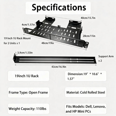 Heavy Duty Double Stack 19 Inch 1U Rackmount Bracket For Mini Pc Server Enclosure with specifications and dimensions.