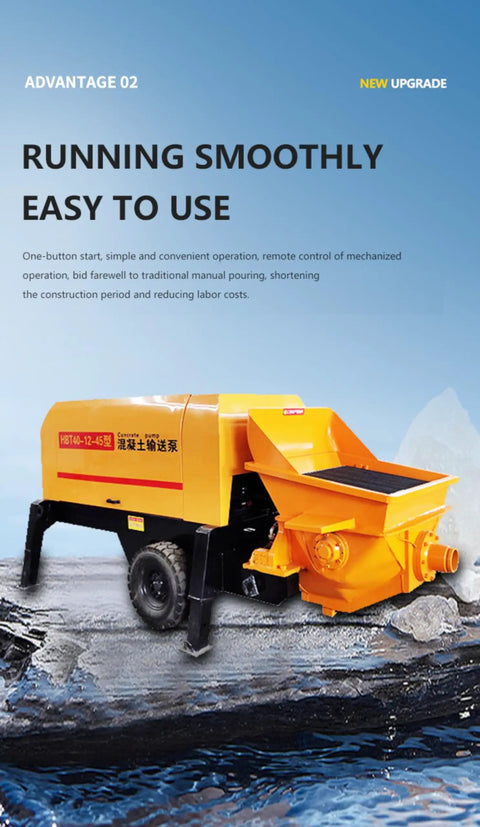 Field Ready Mini Concrete Pump Machine With Portable Hydraulic Setup And Plug And Play Vibrating Screen Filter For No Headache High Pressure Grouting On Any Real Deal Build Site, yellow compact unit on construction site.