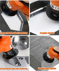 Pneumatic chamfering tool, orange handheld, front view beveling metal edge
Pneumatic chamfering tool, orange handheld, side view with adjustable dial
Pneumatic deburring tool close-up, orange body and control dial
Pneumatic chamfering tool installed on edge, orange tool beveling straight edge