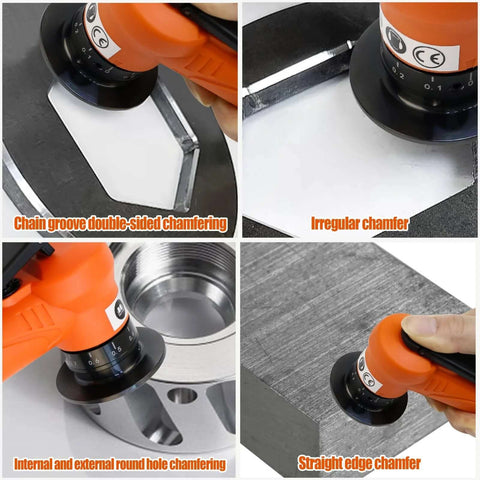Pneumatic chamfering tool, orange handheld, front view beveling metal edge
Pneumatic chamfering tool, orange handheld, side view with adjustable dial
Pneumatic deburring tool close-up, orange body and control dial
Pneumatic chamfering tool installed on edge, orange tool beveling straight edge