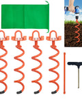 Heavy Duty Screw In Ground Anchors Kit With Metal Spiral Earth Stakes Folding Ring Design For Dog Tie Outs Tents Trampolines Garden Fences Sheds And Swings Easy Install And Extra Strong Hold In All Soil Types Orange, showing four orange metal spiral anchors, carrying pouch, T-handle tool, and drill installation example.