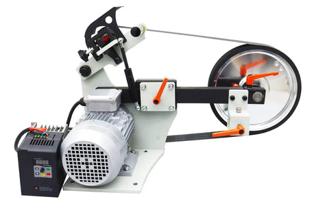 Heavy Duty 2X72 Bench Belt Grinder With Variable Speed Knobs And Rock Solid Welded Steel Frame showing motor and tracking wheel.