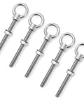 Stainless Steel Shoulder Eye Bolts 3 Eighths by 4 Inches 304 Marine Grade, Set of 5, Threaded Eyebolts With Nuts, displayed in a row