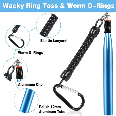 5.5 Inch Wacky Worm Lure Kit With 133Pcs Soft Plastic Lures showing elastic lanyard, aluminum clip, and O-rings for fishing.