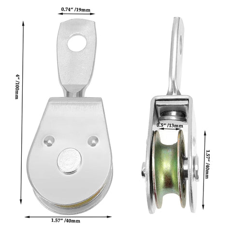 6 Pack 4 Inch Heavy Duty Single Pulley Block Swivel Roller Made From Solid Iron Zinc Plated For 3 8 Inch Cable Wire Rope With Corrosion Resistance And High Load Bearing 420 Lb Working Load Outdoor Ready