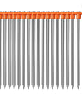 Heavy Duty Tent Stakes 20 Pack 9.75 Inch Ground Pegs durable galvanized iron stakes with orange T-shaped tops.