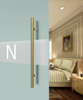 Side view of Titanium Gold Round Barn Door Handles For Dual Sided Pulls On Exterior Shower Doors And French Doors, installed in a bedroom.