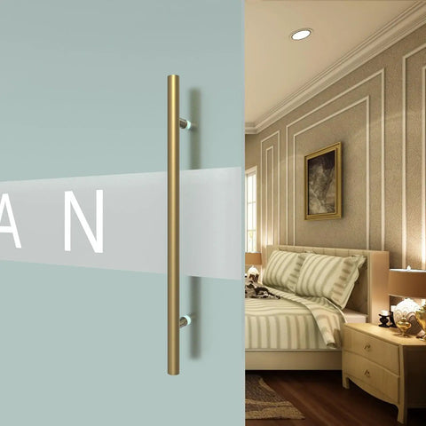 Side view of Titanium Gold Round Barn Door Handles For Dual Sided Pulls On Exterior Shower Doors And French Doors, installed in a bedroom.