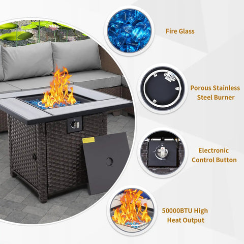 30 Inch Wicker Patio Fire Pit Table With Fire Glass For Outdoor Parties And Gatherings In Garden Backyard Porch Hangout Ready 50000 BTU Rust Resistant Steel Frame Included