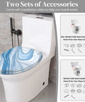 Elongated Resin Toilet Seat for Bathroom with blue swirl design, featuring installation accessories for skirter and non-skirter toilets.