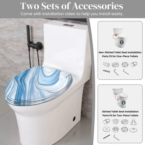 Elongated Resin Toilet Seat for Bathroom with blue swirl design, featuring installation accessories for skirter and non-skirter toilets.