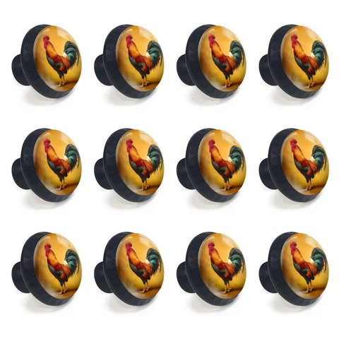 12 Pack Vintage Rooster Cabinet Knobs With Bold Retro Feathers And Rustic Farmhouse Charm, 1.37 x 1.1 inches, colorful rooster design.