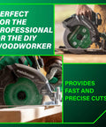 36V Cordless 7-1/4 Inch Circular Saw With Torque Boost Technology for precise cuts, shown in action on wood piece.
