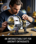 Man assembling Aircraft Turbojet Engine Building Kit For Grownups, Hands On Functional Mechanical Jet Engine Model That Runs