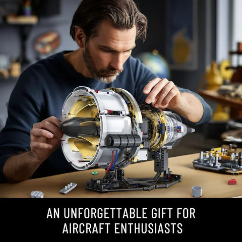 Man assembling Aircraft Turbojet Engine Building Kit For Grownups, Hands On Functional Mechanical Jet Engine Model That Runs