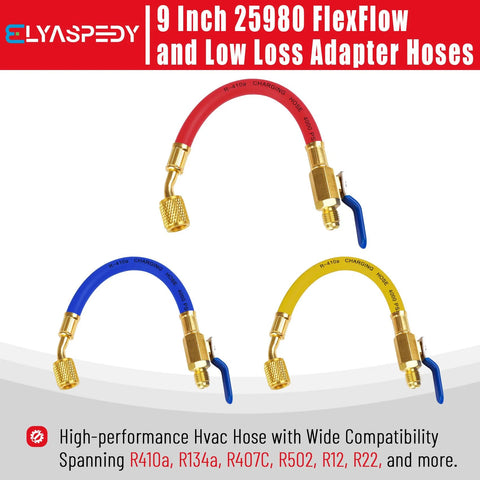 Three 9-inch FlexFlow low-loss adapter hoses in red, blue, and yellow with brass fittings and blue valve levers