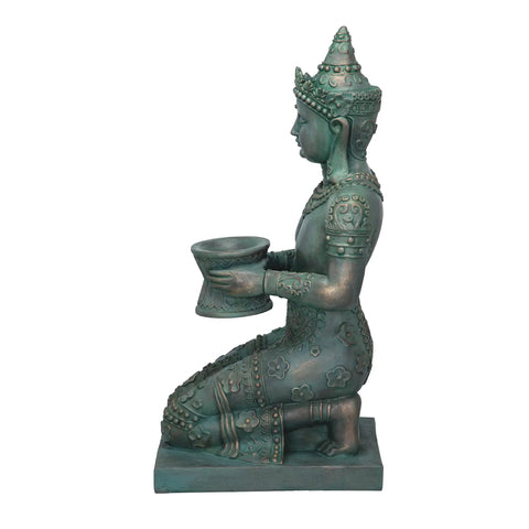 Thai Princess Kneeling Garden Statue With Offering Bowl Indoor Outdoor Polyresin Sculpture 28 Inch Tall Handcast Green Bronze Finish Zen Vibes