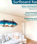 Heavy-Duty Paddleboard Storage Rack For Garage Walls And Ceiling Wall Mount displayed in a living room holding a surfboard.