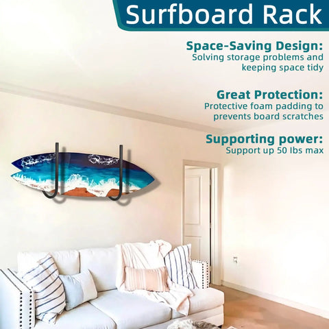 Heavy-Duty Paddleboard Storage Rack For Garage Walls And Ceiling Wall Mount displayed in a living room holding a surfboard.