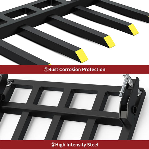 Clamp On Debris Forks For 48 Inch Buckets, Heavy Duty Quick Attach Pallet Forks Up To 2500 Lbs, rust-resistant steel details