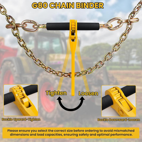 Heavy Duty G80 Chain Binder Kit 5/16 To 3/8 Inch With 4 Piece 15 Ft Chains, Ratchet Load Binder And Clevis Grab Hook, instructions diagram