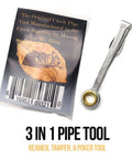 Stainless steel 3-in-1 pipe tool (reamer, tamper, poker) with Greek-key patterned handle and brass-ring tamping head