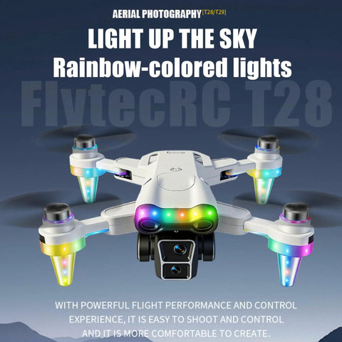 Beginner Friendly Kids Drone With Camera For Ages Eight To Twelve, LED Lights, 4.3 Inch FPV Screen Built In, front view with lights.