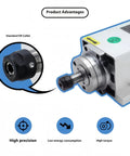 Close-up of Heavy Duty 2.2KW Air Cooled Spindle Motor showing standard ER collet and features like high precision and low energy consumption.