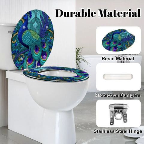 Round Toilet Seat Replacement for Bathroom featuring resin material, peacock design, adjustable hinges, and protective bumpers.