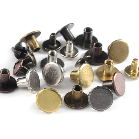 Hella Durable 125 Piece Chicago Screw Kit With Five Mixed Metallic Shades For Leather Crafting Shoes And Bags Includes Quick Install Tools And Neat Plastic Case Features Smooth Round Flat Heads For Garment Making And Repairs with assorted screws.