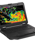 Rock Solid 14 Inch Rugged Business Laptop With Intel Core I5 Processor 16GB Ram 256GB Solid State Drive IP65 Weather Sealed Chassis Windows 11 Pro showing weather radar display.