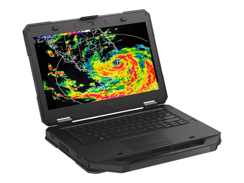 Rock Solid 14 Inch Rugged Business Laptop With Intel Core I5 Processor 16GB Ram 256GB Solid State Drive IP65 Weather Sealed Chassis Windows 11 Pro showing weather radar display.