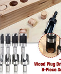 Badass Sharp And Ridiculously Tough Eight Piece Wood Plug Cutter Drill Bit Set With Titanium Coated Carbon Steel for drilling wood plugs.