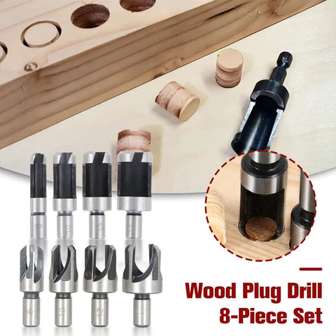Badass Sharp And Ridiculously Tough Eight Piece Wood Plug Cutter Drill Bit Set With Titanium Coated Carbon Steel for drilling wood plugs.