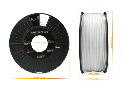Top Shelf PLA 3D Printer Filament At 1.75mm, Five Pack Assorted Colors, One KG Per Spool - black and white spools displayed with dimensions.