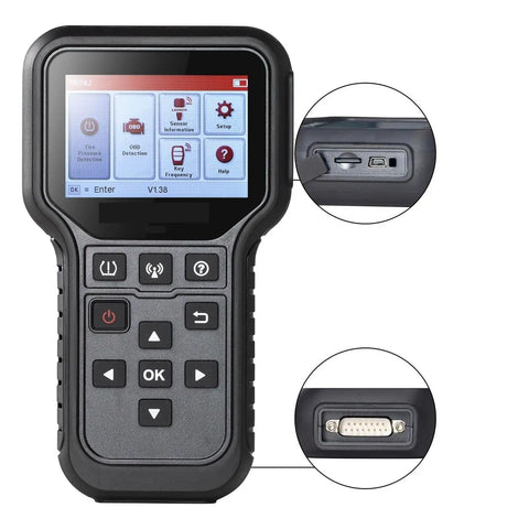 Universal TPMS Relearning Scanner Featuring Slick 315 433 MHz Activation and Easy Programming, handheld display and buttons view.