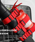 Adjustable Fire Extinguisher Holder Strap With American Flag Pattern For Wrangler JK JKU TJ CJ Gladiator Secure Car Mount Keeps Extinguisher From Rolling Under Seats And Slipping In Your Ride, shown secured in a vehicle.