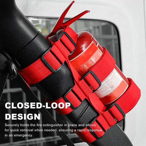 Adjustable Fire Extinguisher Holder Strap With American Flag Pattern For Wrangler JK JKU TJ CJ Gladiator Secure Car Mount Keeps Extinguisher From Rolling Under Seats And Slipping In Your Ride, shown secured in a vehicle.